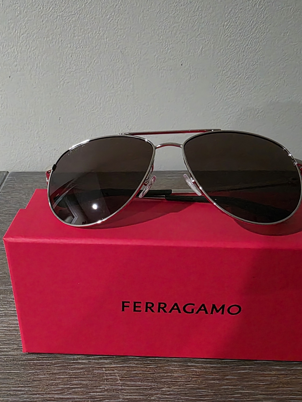 Salvatore Ferragamo Silver Aviator Sunglasses with Dark Lenses